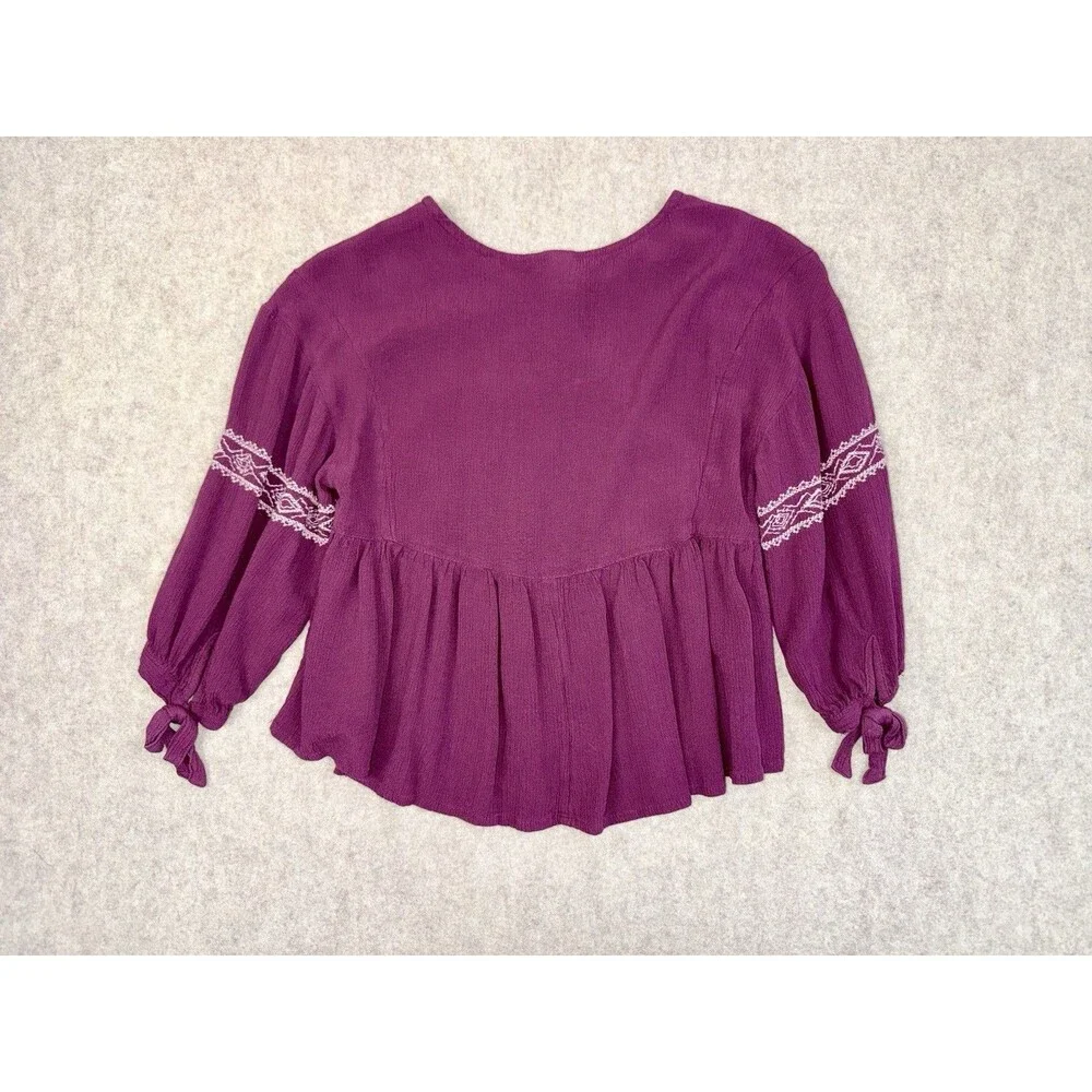 Justice Girls Size 7 Purple Shirt White Embroidery Spring Tie Sleeve
